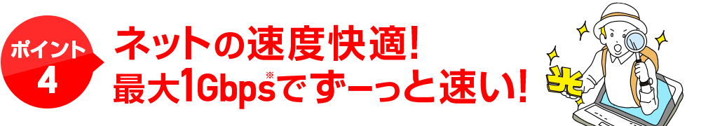 ポイント4速度快適最大1Gbpsの速さ！